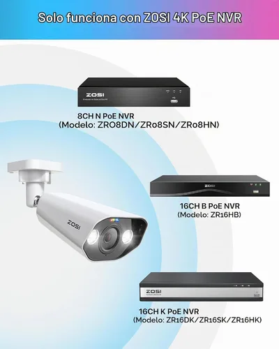Vista 2 de ZOSI 4K PoE Cámara complementaria, 8MP Metal Bullet Cam, Detección