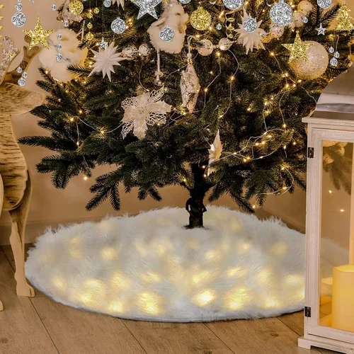 Vista 2 de Lewtemi Falda de árbol de Navidad de 36 pulgadas con luz LED, falda de árbol de felpa de piel sintética, falda de árbol de Navidad iluminada, nieve