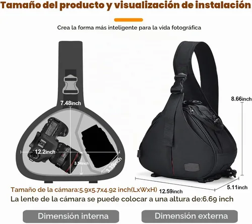 Vista 5 de Caden, bolsa triangular con tira cruzada para cámaras DSLR Sony Canon Rebel Powershot, Nikon Coolpix, Kodah, Olympus, Pentax, Sony con trípode