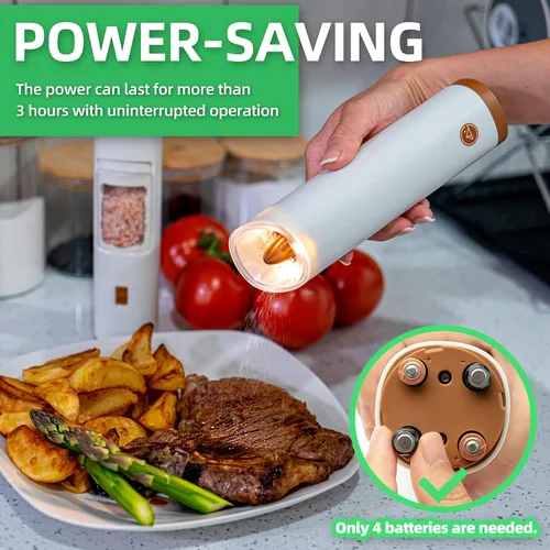 Vista 9 de GATGOODS Gravity Juego de Molinillo Eléctrico de Sal y Pimienta, Grosor Ajustable, Luz LED Cálida, Operación Automática con Una Mano, Funciona