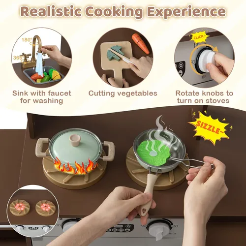 Vista 3 de Costzon Cocina de Juego de Esquina, Pequeño Chef Cocina de Juego de Simulación con Luz y Sonido Reales, Carrito Extraíble, Contenedores de Tela