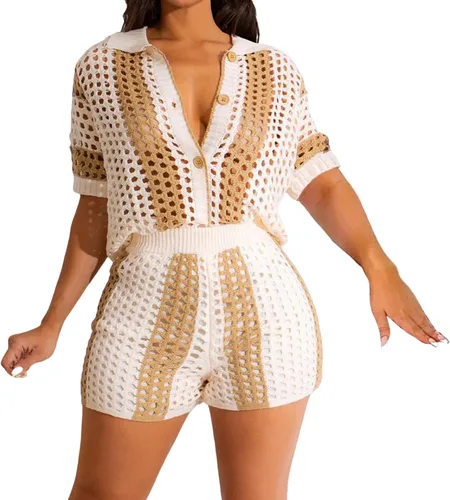 Vista 9 de VOIKERDR Crochet Sets Two Piece Women Hollow Out Shirt and Shorts Todo negro