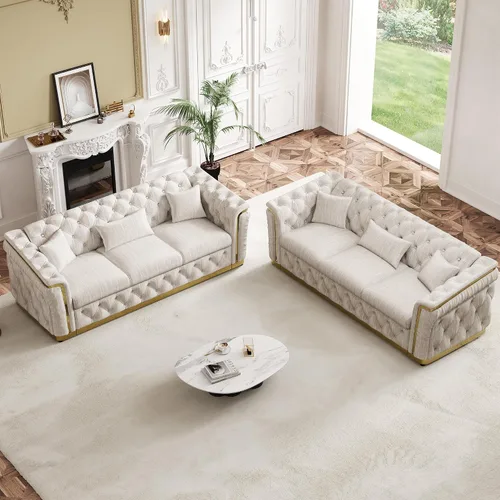 Vista 32 de Sofá Chesterfield de terciopelo de 62.5 pulgadas con respaldo copetudo y detalles dorados, beige Blanco