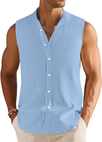 Vista 9 de Camisa sin mangas de lino guayabera cubana para hombre, camisa de verano con botones, camiseta sin mangas de playa, camiseta básica casual