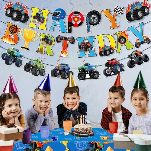 Vista 6 de Decoraciones de cumpleaños de Monster Truck incluyen 2 manteles, pancarta de cumpleaños, remolinos colgantes, calcomanías y guirnalda (Monstertruck)