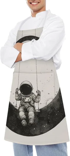 Vista 4 de MUSM Apron for Adults - 27.6 X 31.5 Inch, Heavy-Duty Polyester Aprons with Two Large Pockets, Waterproof On The Moon Swing Kitchen Apron for