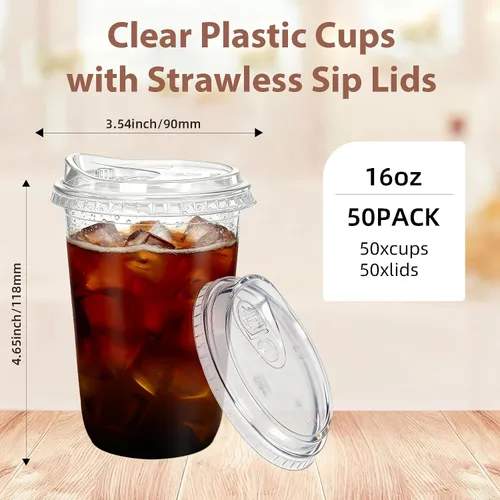 Vista 10 de Paquete de 50 vasos de plástico transparente de 16 onzas con tapas sin pajilla, tazas de café helado con tapas sin pajilla, fondo redondo desechable