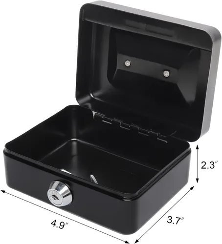 Vista 6 de Caja de dinero pequeña con bandeja de dinero y cerradura, caja de dinero de metal para efectivo, caja de seguridad XXS, color negro