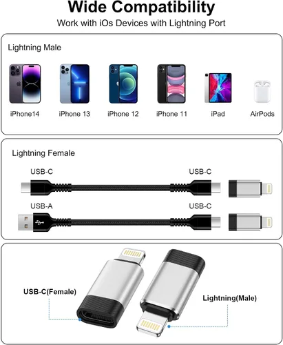 Vista 7 de Adaptador USB C a Lightning, paquete de 4, carga rápida y sincronización de datos, convertidor USB-C hembra a Lightning macho para iPhone 14 13 12