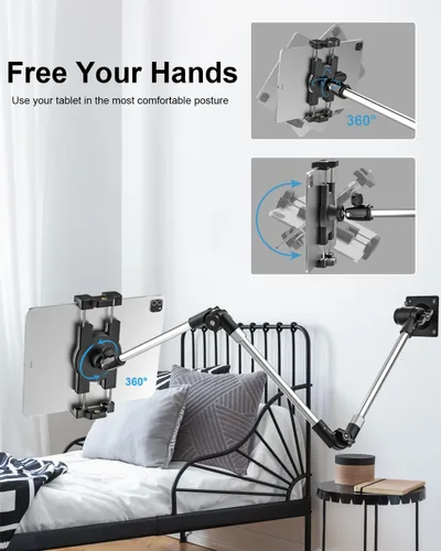 Vista 3 de Soporte de pared de aluminio para tableta, soporte plegable de 35 pulgadas para pared, clip de cámara web ajustable de 360°, para iPad Pro Air Mini