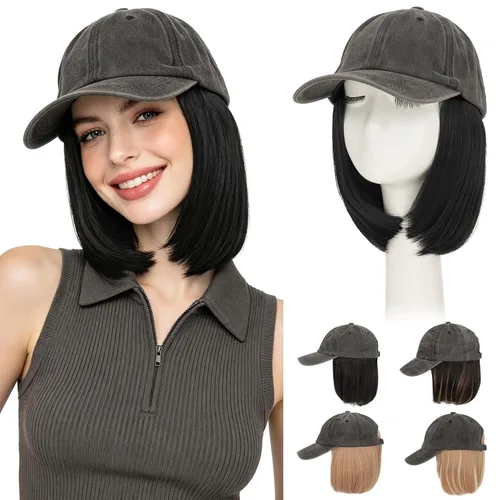 Vista 47 de Hairro Peluca de gorra de béisbol con cabello adjunto, corto estilo Bob ajustable, extensiones de cabello sintético para mujeres, balayage
