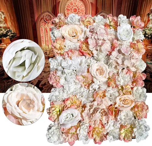 Vista 2 de 5 piezas de flores artificiales para pared, rosas de seda colgantes, juego de paneles de pared de flores, pared romántica de flores champán para 10