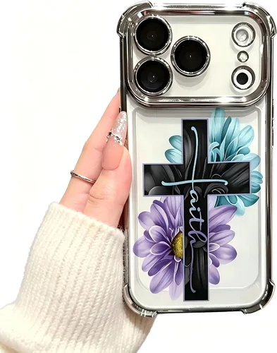 Vista 2 de Funciona con funda transparente para iPhone, Faith Cross Floral