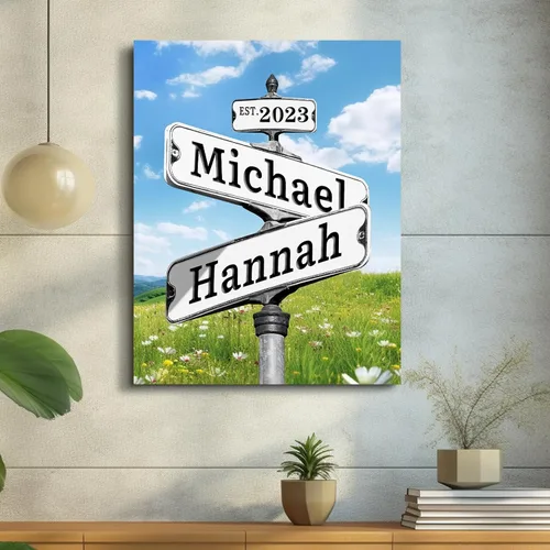 Vista 7 de WNNNS Póster de letrero de calle vintage con nombre personalizado para parejas, novia, novio, impresiones en lienzo personalizadas para enamorados