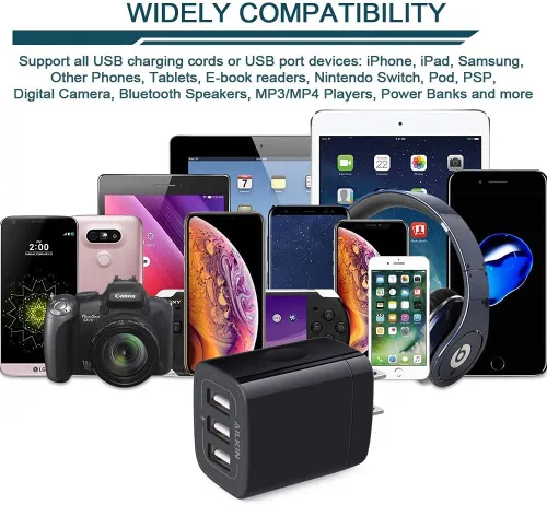 Vista 4 de AILKIN Cargador de pared USB de 3 unidades, adaptador de carga triple, bloque de carga rápida, cargador para el hogar, enchufe de cubo para iPhone