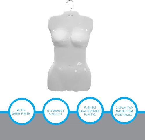 Vista 4 de SSWBasics Torso de maniquí colgante de plástico económico para exhibición de ropa femenina, forma blanca con gancho, ideal para venta al por menor