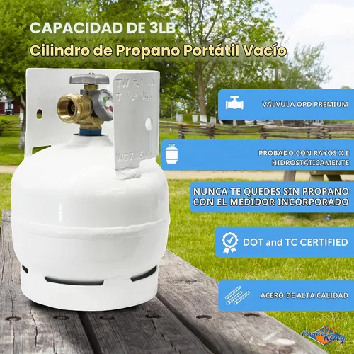 Vista 3 de Flame King 3LB - Cilindro de tanque de propano de acero vacío de 3 libras con manómetro y válvulas OPD para parrillas y barbacoas, camping, pesca