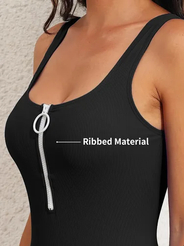 Vista 4 de SOCIALA Traje de baño de una pieza con cremallera para mujer, traje de baño acanalado de corte alto, traje de baño con cuello cuadrado, trajes