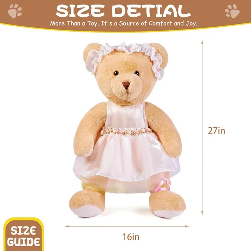 Vista 7 de Oso de peluche grande con ropa, juguete de peluche grande de 27 pulgadas con vestido, regalo gigante suave para bebés, niños, niñas, novia