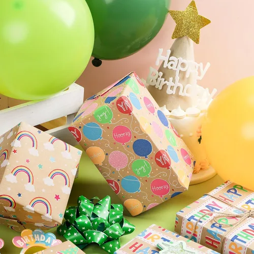 Vista 4 de RUSPEPA Rollos de papel kraft para envolver regalos - Diseño de arcoíris de cumpleaños colorido, total de 4 rollos (30 pulgadas x 10 pies, 4 rollos)
