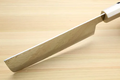 Vista 5 de Yoshihiro VG10 Cuchillo japonés para verduras Nakiri de 46 capas de Serie Damascus, mango de Ambrosia de 6.5' (165mm)