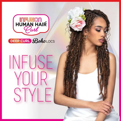 Vista 3 de Bobbi Boss Trenzas de ganchillo de mezcla de cabello humano HBF001 HF rizado profundo Boho Locs 26" (4)