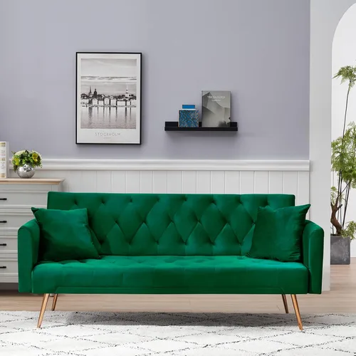 Vista 10 de Sofá cama futón de terciopelo con 2 almohadas, sofá cama convertible con respaldo ajustable de 3 ángulos, sofá biplaza moderno con 4 patas de metal