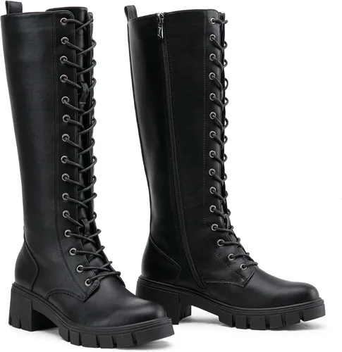 Vista 6 de Vepose Botas altas de combate con plataforma de encaje 953 para mujer con tacón grueso y cómodo