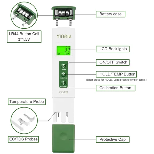 Vista 3 de Medidor de pH Agua TDS Tester Combo Pool pH Tester EC Test Hidroponía Medidor profesional de pH PPM para piscina SPA Hidroponía Acuario Hogar