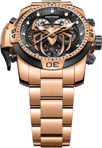 Vista 4 de REEF TIGER Diseño de moda Deporte Reloj mecánico automático Spider Dial con complicado Año Mes Calendario Relojes de pulsera de acero RGA3532SP
