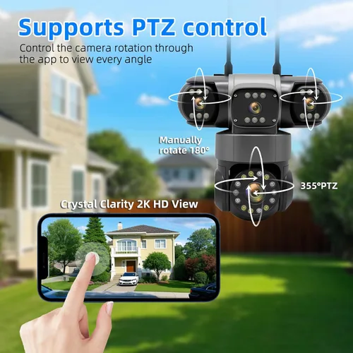 Vista 3 de Cámara de seguridad inalámbrica de 4 lentes al aire libre, imagen HD 2K PTZ 360° de vigilancia, visión nocturna a color, conexión WiFi, detección