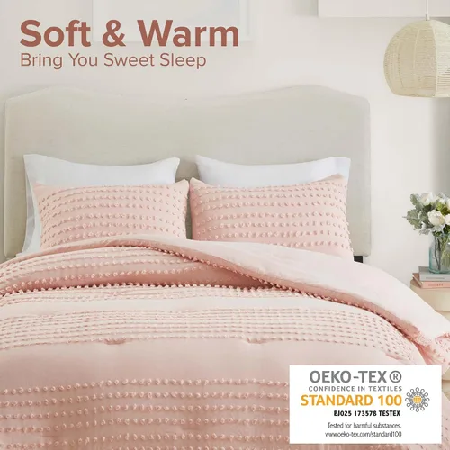 Vista 2 de [Usado] Comfort Spaces Juego de edredón de algodón con diseño de pompones de tul Jacquard, relleno alternativo, ropa de cama moderna para todas