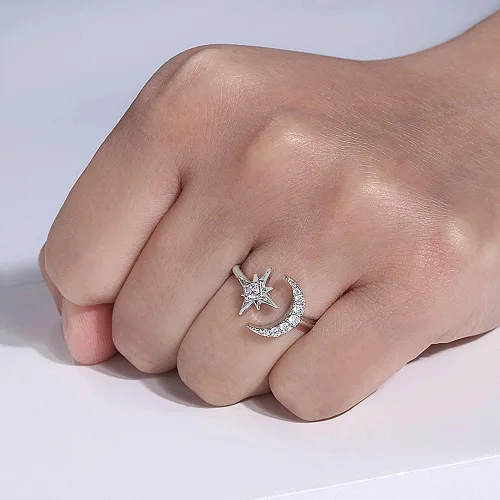 Vista 2 de Anillos de luna cúbica para mujer anillo abierto AAAA circonita cúbica luna y estrella abierta ajustable para EE UU 5-9 Metal Metal Cristal Zirconia