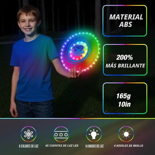 Vista 8 de HYES Paquete de 2 discos voladores iluminados para niños, 45 LED, 14 modos de iluminación, anillo volador recargable que brilla en la oscuridad