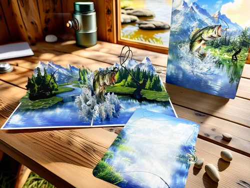 Vista 5 de Tarjeta de felicitación desplegable 3D – Tarjeta de pesca hecha a mano con lubina saltarina y lago escénico – Día del Padre, cumpleaños, jubilación