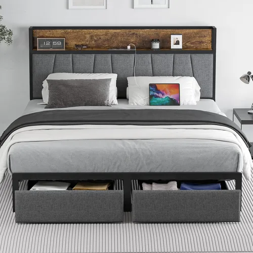 Vista 11 de CIKUNASI Base de cama tamaño Queen con cabecero y cajones de almacenamiento, base de cama con estación de carga de almacenamiento, marco de cama