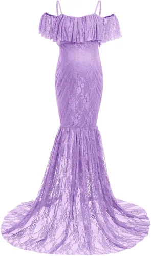 Vista 4 de Vestido de maternidad con volantes y hombros descubiertos para mujer, para fotografía, baby shower, vestido de sirena floral para sesión de fotos