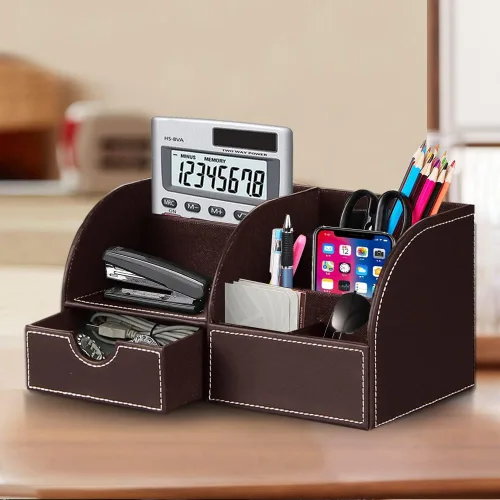 Vista 5 de Organizador de escritorio, organizador de escritorio de piel sintética y accesorios, suministros de oficina, almacenamiento multifuncional con 6