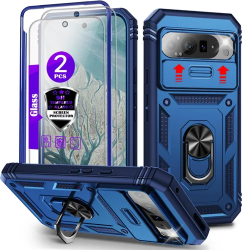 Vista 15 de Funda para Pixel 9 Pro XL con cubierta deslizante para cámara, 2 protectores de pantalla de vidrio templado, soporte de anillo giratorio de 360°