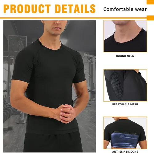 Vista 4 de BXVX Sauna Shirt for Men Sweat Suit Short Sleeve Compression Weight Loss Body Shaper T-Shirt for Workout Exercise
