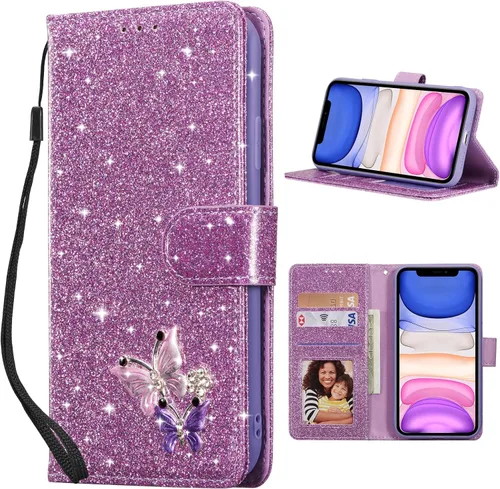 Vista 12 de UEEBAI Funda tipo cartera para iPhone 11, funda de piel sintética con purpurina para teléfono, ranuras para tarjetas, funda con función atril Negro