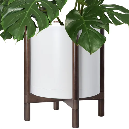 Vista 56 de Maceta de D'vine Dev con soporte - Maceta de flores de cilindro de plástico de 8.0 pulgadas con soporte de madera para interiores, maceta mate negra