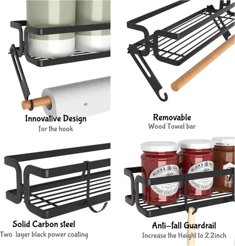 Vista 8 de Soporte de pared para especias, negro, paquete de 3 Paper Towel Holder and Hooks, Screw or Adhesive Hanging, Space Saving, For Seasonings, Stove