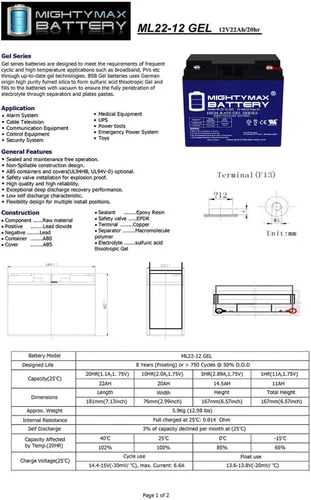 Vista 6 de Mighty Max Battery El gel de 12V 22AH reemplaza el refuerzo solar Pac ES1217, ES1230, ESP5500