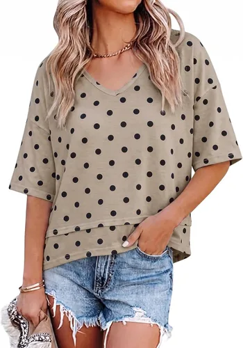 Vista 19 de Cicy Bell Camisetas de verano con cuello en V para mujer, casuales, de manga corta, holgadas, lindas camisetas básicas Caqui