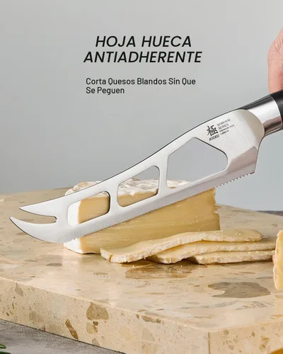 Vista 3 de KYOKU Cuchillo de queso dentado de 5 pulgadas, cortador de queso serie Samurai con mango de madera de Pakkawood de hoja hueca, cuchillo alemán