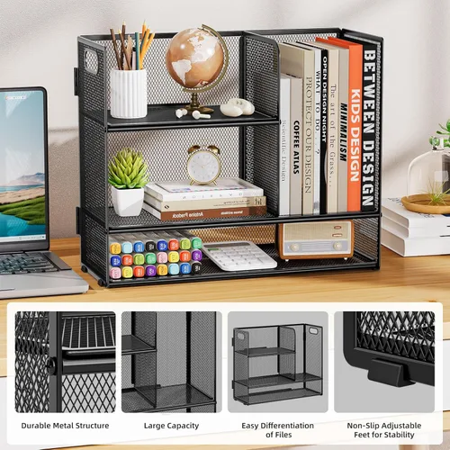 Vista 4 de Marbrasse Organizador de Estante de Escritorio de 3 Niveles con Asa, Soporte de Libros de Escritorio para Archivos, Organizador de Estante