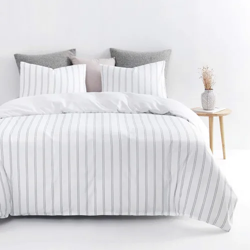 Vista 2 de Wake In Cloud - Juego de edredón a rayas, estampado de rayas verticales a rayas neutrales, ropa de cama suave y ligera, 3 piezas, gris y blanco