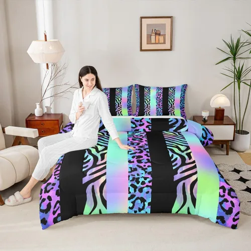 Vista 21 de Juego de edredón con estampado de leopardo para niños, tamaño individual, juego de ropa de cama de moda de piel de guepardo abstracto, decoración