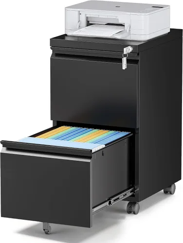 Vista 20 de Archivador de metal con 2 cajones con cerradura, gabinete archivador con soporte para impresora móvil y estantes para archivos de tamaño Negro